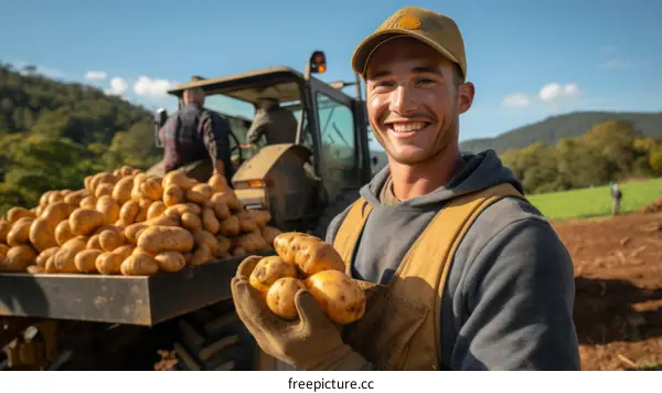 Happy farmer holding a handful of potatoes in front of a tractor