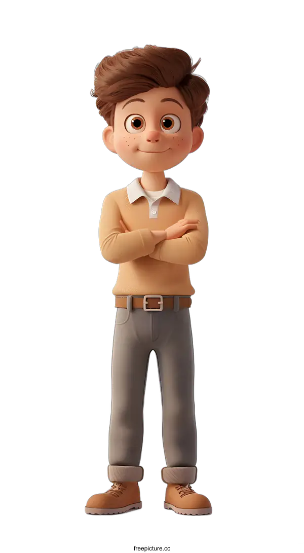 [Transparent Background PNG]Cartoon Boy with Brown Hair Standing with Arms Crossed