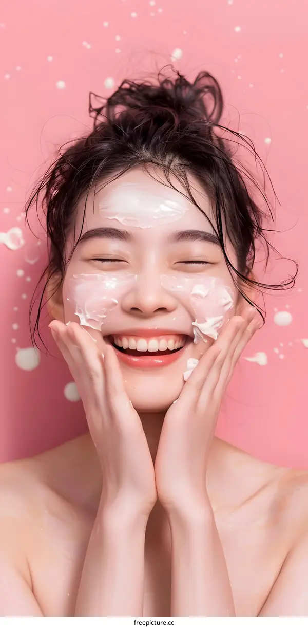 Smiling Woman Applying Face Mask with Pink Background