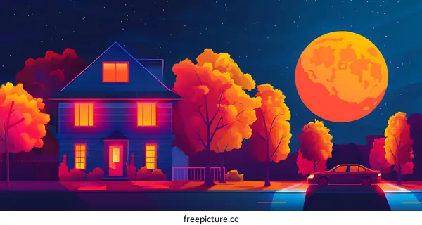 Nighttime Suburban Street with a Full Moon