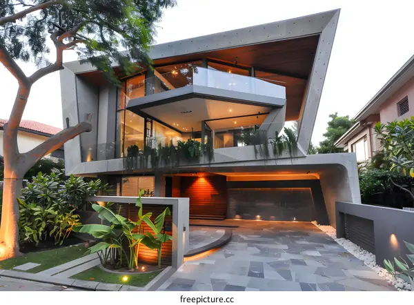 Modern Concrete Home with Geometric Design and Outdoor Greenery