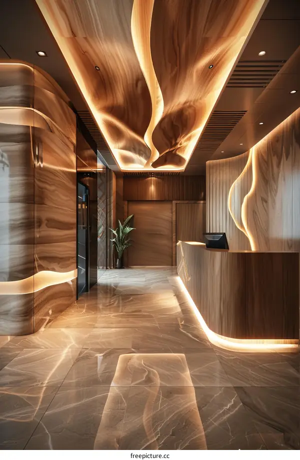 Modern Lobby Design with Exquisite Wood Ceiling