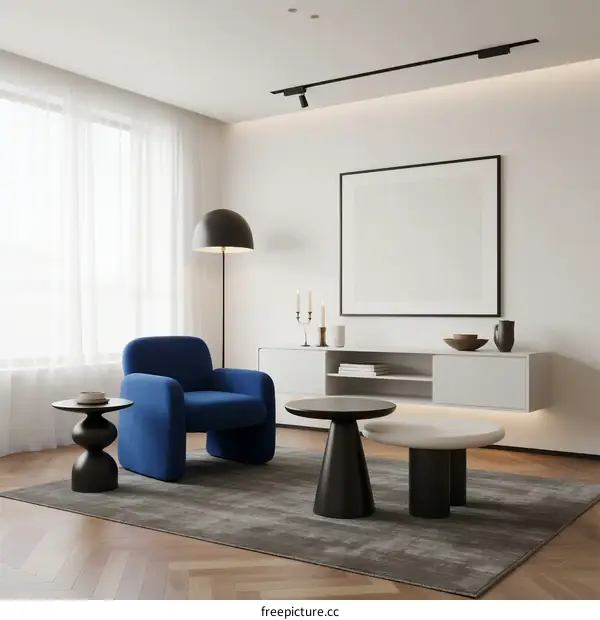 Modern Living Room with Blue Armchair and Minimalist Furniture
