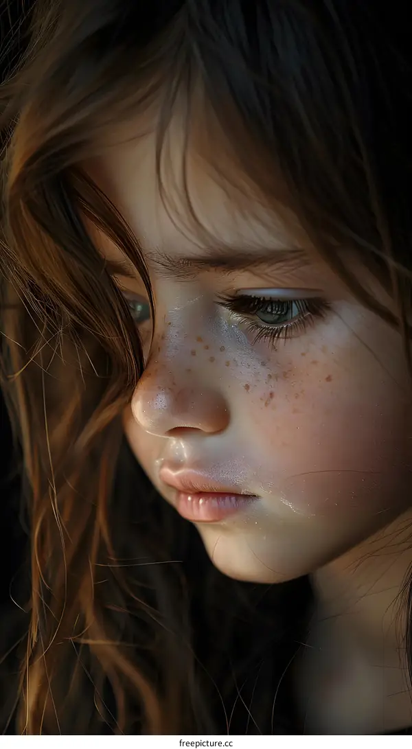 Portrait of a girl with freckles and green eyes