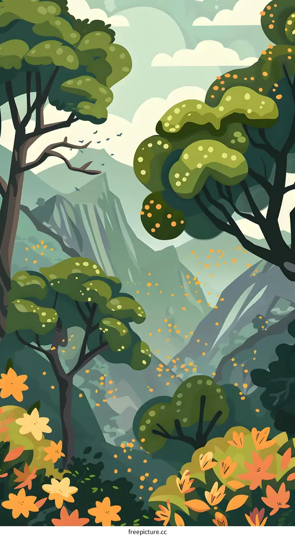 Green Forest Landscape With Mountain In Background