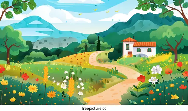 Beautiful Cartoon Illustration of Countryside with Farmhouse and Winding Path