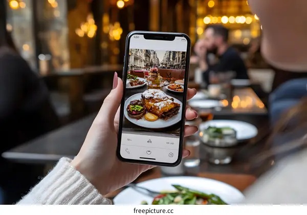 Woman Taking Photo of Food on Phone in Restaurant