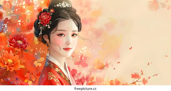 Beautiful Asian Woman in Traditional Hanfu with Flowers