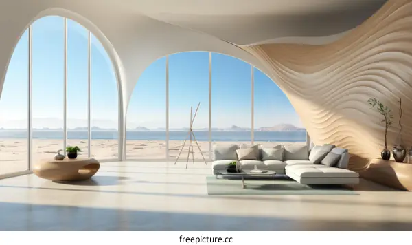 Modern Living Room with Curved Walls and Large Windows