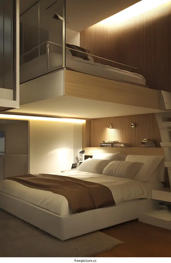 Modern Minimalist Loft Bedroom Interior Design with Wooden Wall and Glass Railing