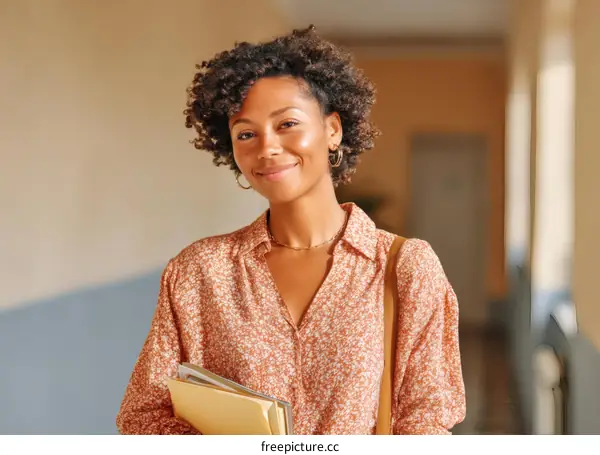 African American Woman Smiling in a Hallway