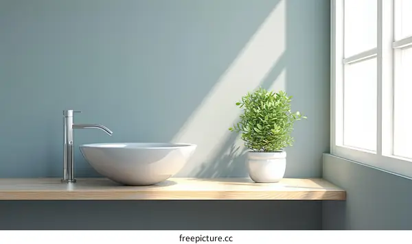 Bathroom vanity with a large round sink and a small potted plant