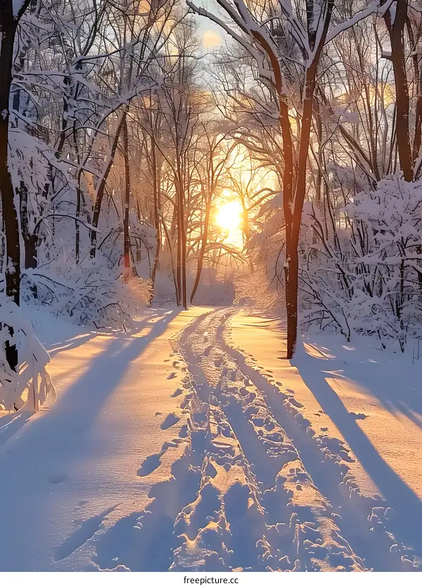 The sun shines through the snow in the forest