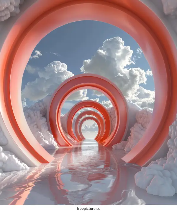 Pink and White Tunnel with Clouds and Water