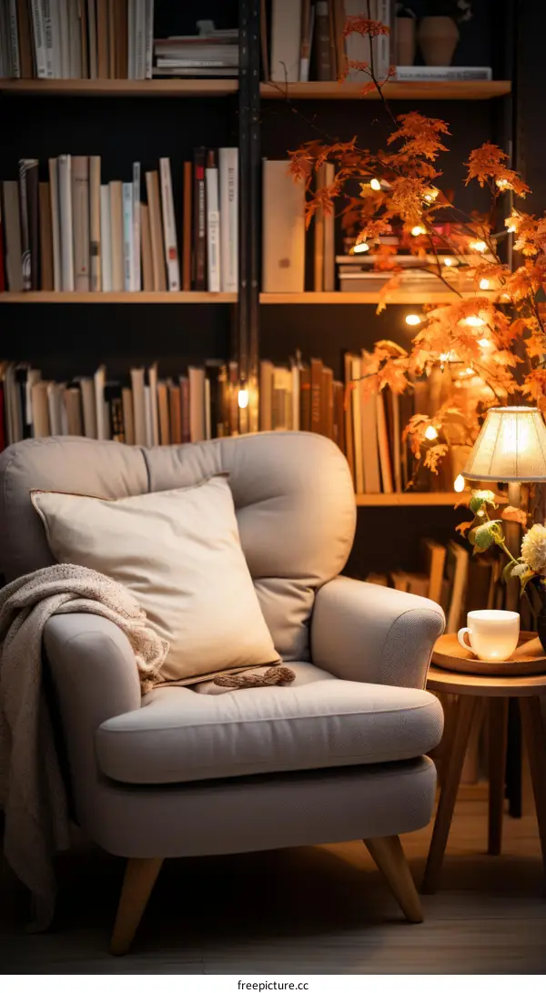 A cozy reading nook with a comfortable armchair, a warm lamp, and a cup of tea