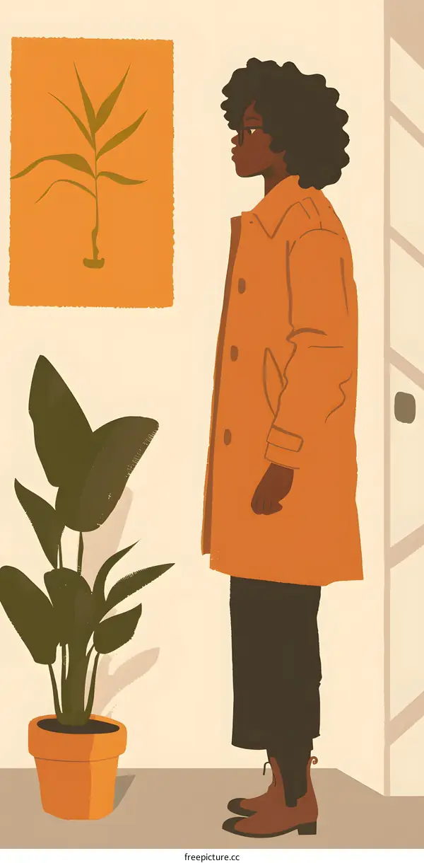 Woman in Orange Coat Looking at a Painting
