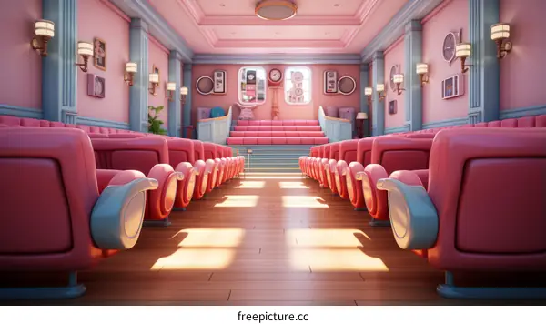 Auditorium with pink seats and blue accents