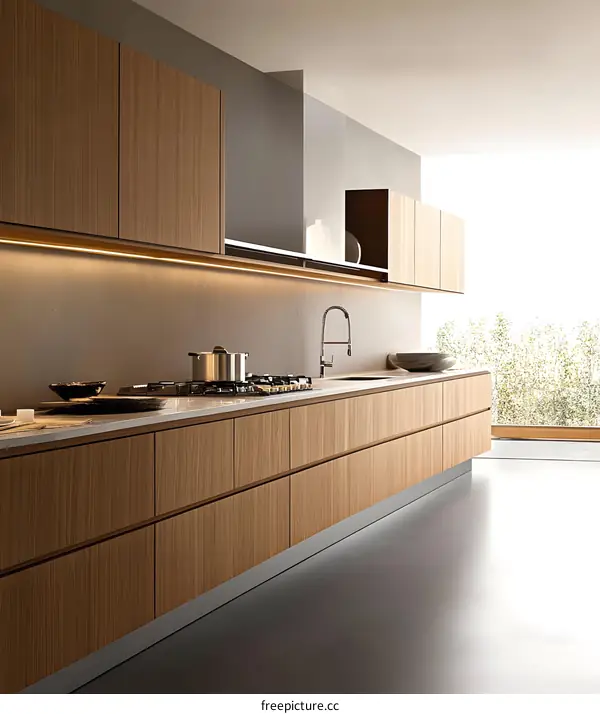 Modern Kitchen Design with Wooden Cabinets and Grey Walls