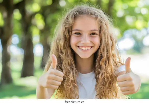 Happy Young Girl Giving Thumbs Up in a Park