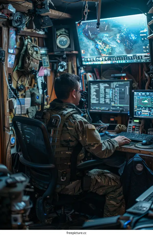 Soldier sitting in a dark room monitoring multiple computer screens