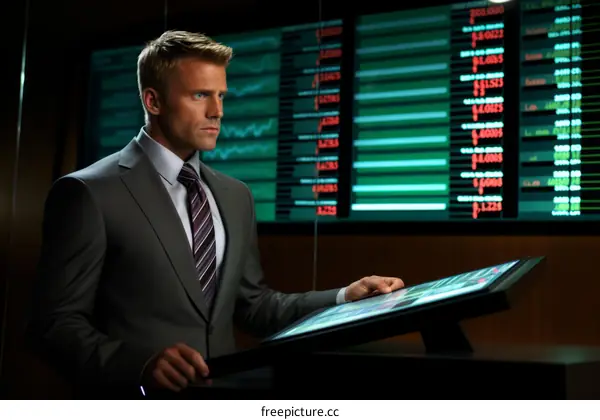 Businessman analyzing stock market data on a digital screen