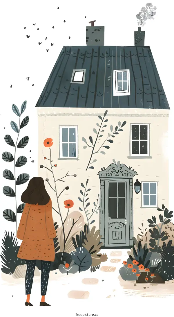 Woman Standing in Front of a Cozy House Illustration