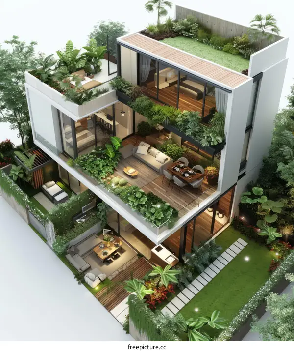 Modern Two-Story House with Rooftop Garden and Greenery