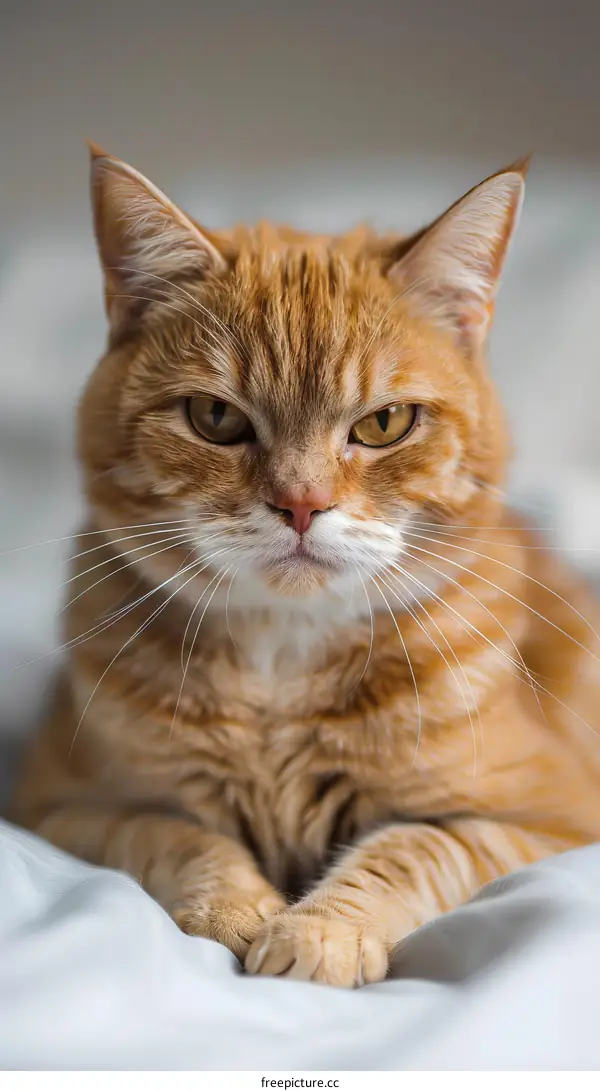 A ginger cat is sitting on a white cloth