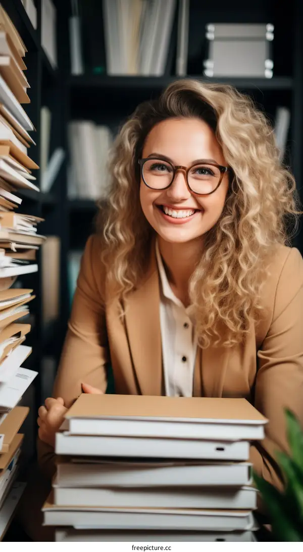 portrait of a smiling young businesswoman with curly hair wearing glasses standing in a library