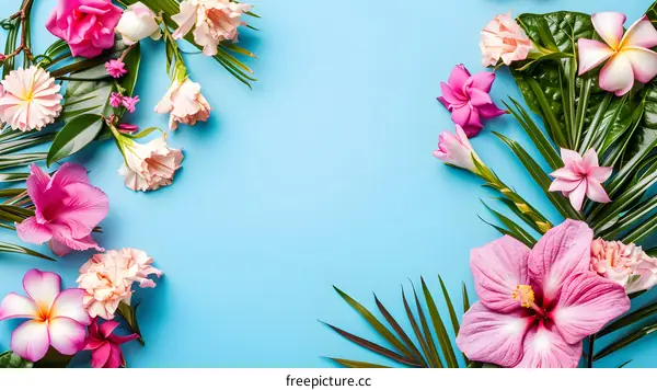 Tropical Flowers on a Blue Background