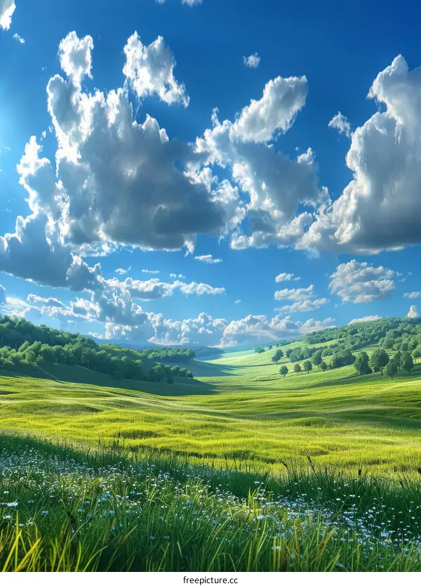 Green rolling hills under a blue sky