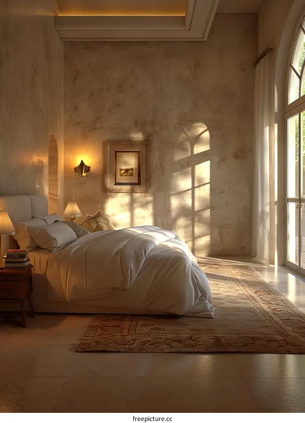 Modern Bedroom Interior Design with White Bed and Sunbeams