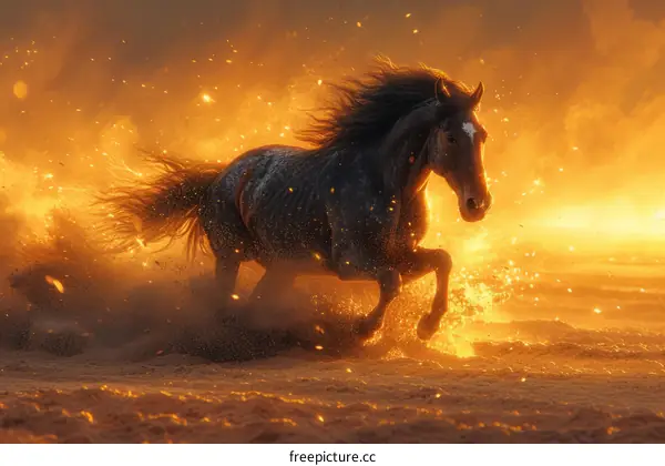 A horse running in the desert with a fiery mane and tail