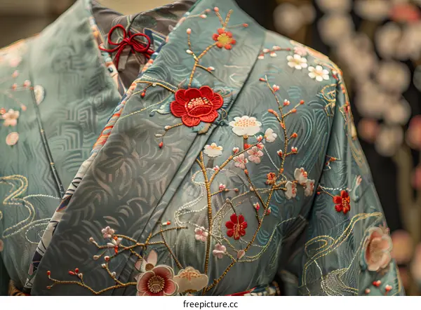 A kimono with delicate embroidery of red and white flowers and green leaves