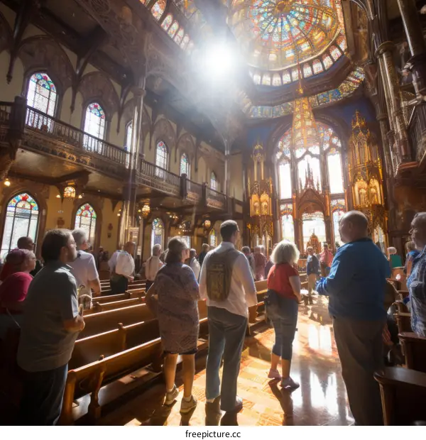 ornate church nave with stained glass windows
