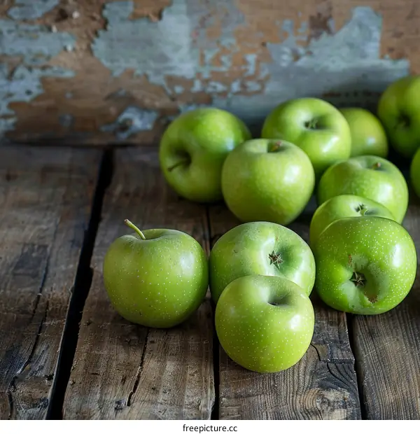 A Pile of Green Apples on a Wooden Table