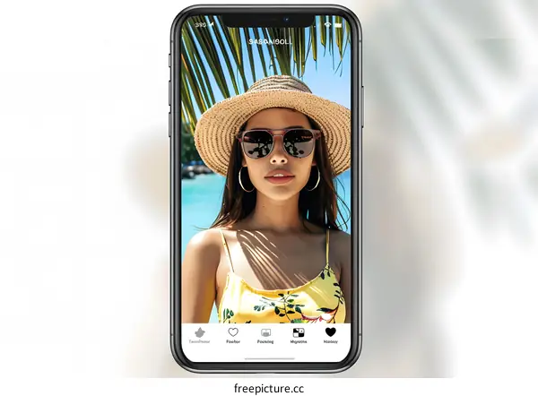 Woman in a Straw Hat and Sunglasses on a Phone Screen