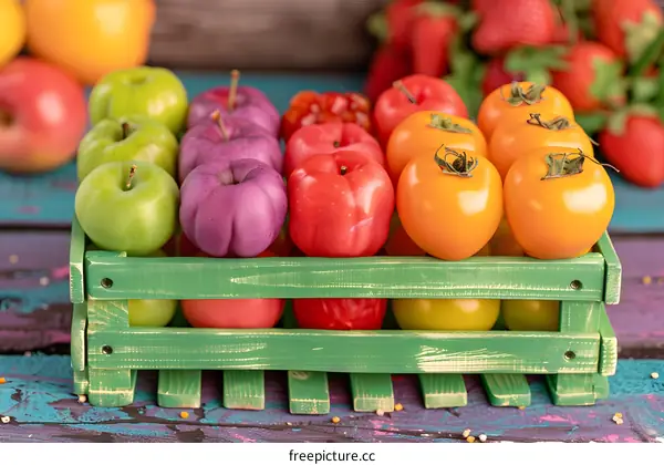 Colorful Fruits In A Wooden Crate On A Blue Wooden Background