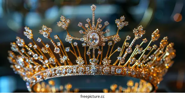 A golden crown with diamonds and sapphires on a blue background