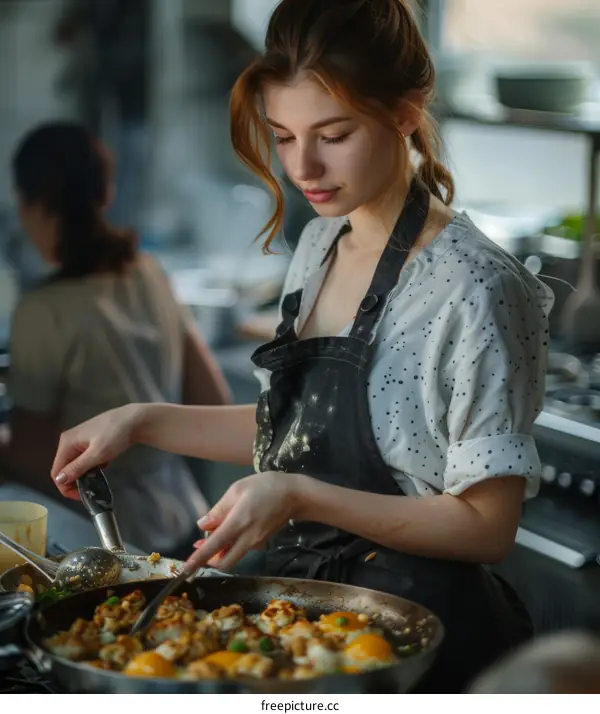 Redhead woman in a polka dot apron cooking in a commercial kitchen