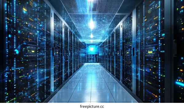 Modern Data Center Interior View with Digital Network