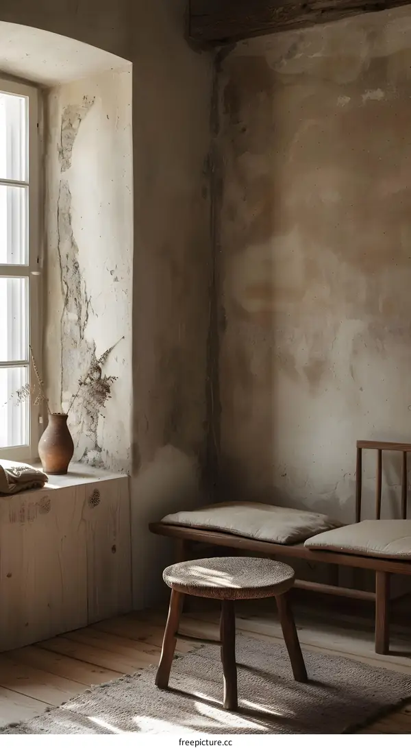 Rustic Wooden Stool in a Vintage Room with  Rustic Walls and Wooden Floor