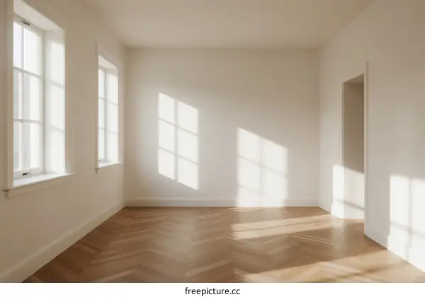 Bright and empty room with white walls and wooden floor