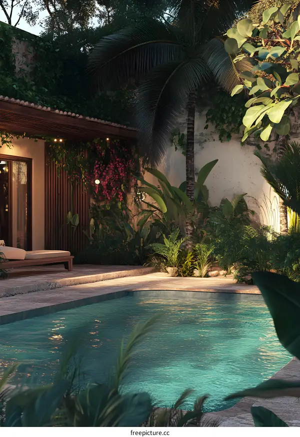 Tropical Backyard Pool With Palm Trees And Lush Greenery