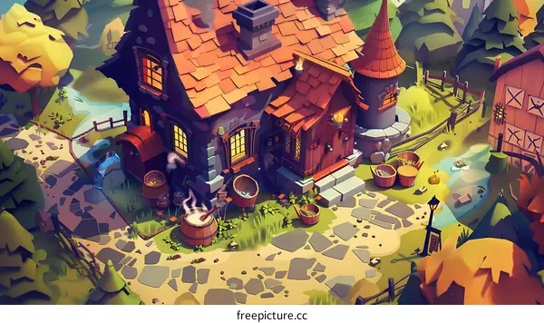 Cartoon Illustration of a Small Village with a House and a River