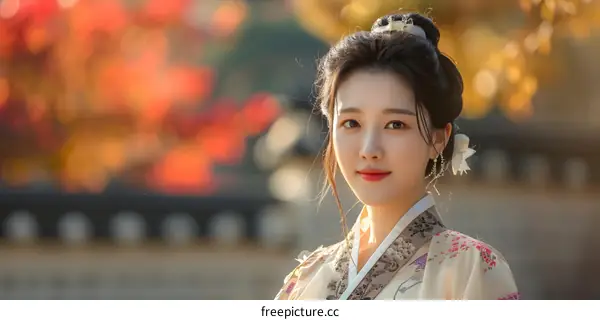 Portrait of a young Korean woman in traditional dress, smiling at the camera