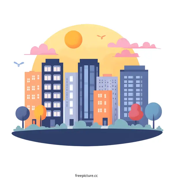 Cartoon Illustration Of Modern City Skyline