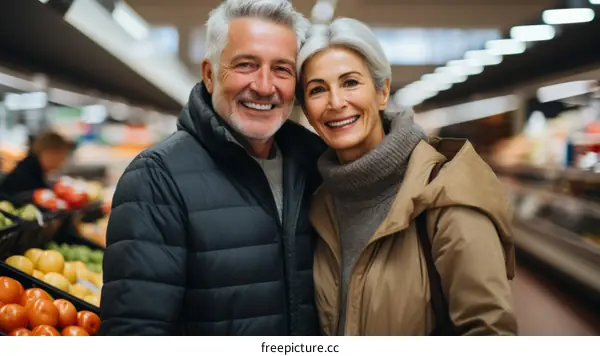 Happy senior couple shopping together at the grocery store