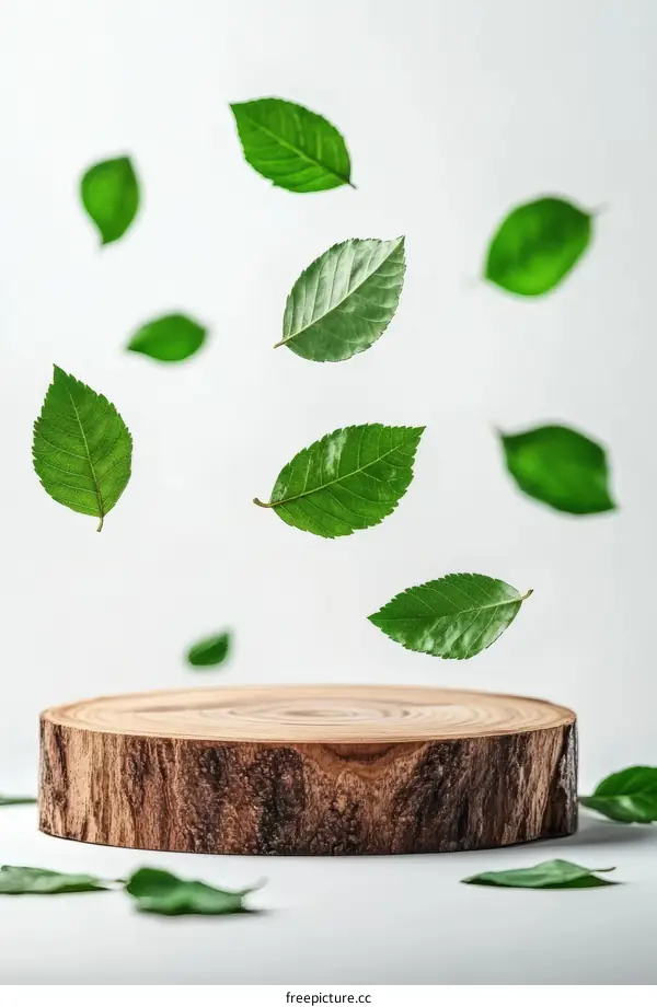 Wooden Stump Display with Falling Leaves