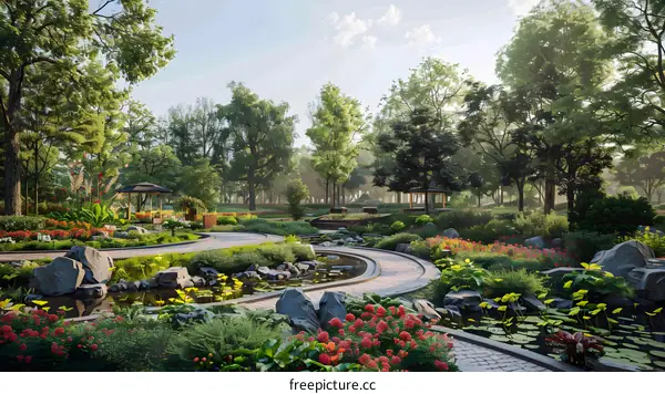 A beautiful park with a pond, flowers, and a stone path